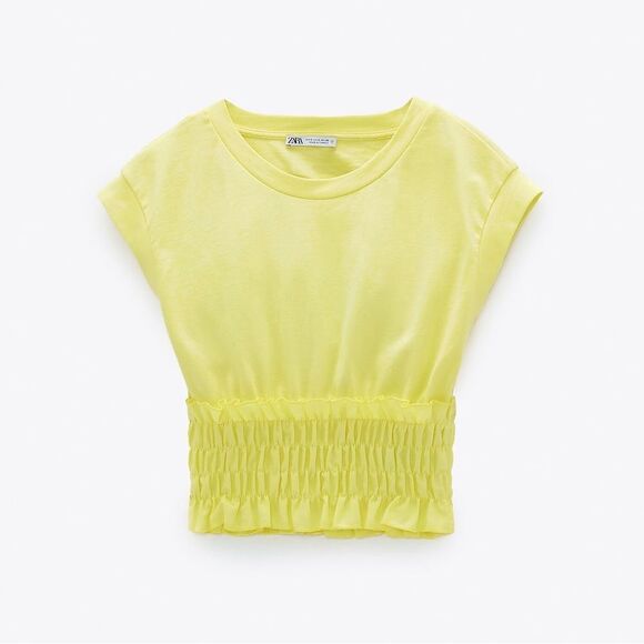 Zara Yellow Smocked Waist Short Sleeve Crop Top - Picture 1 of 7